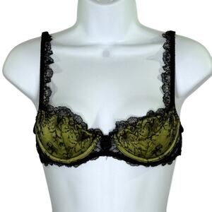 ID Sarrieri Balconette Bra 34B Underwire Light Padded Black Green Lace